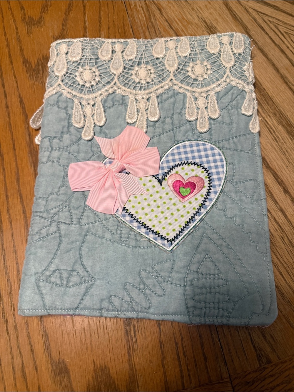 Handcrafted Light Blue Quilted Bible cover with Lace and Pink Bow